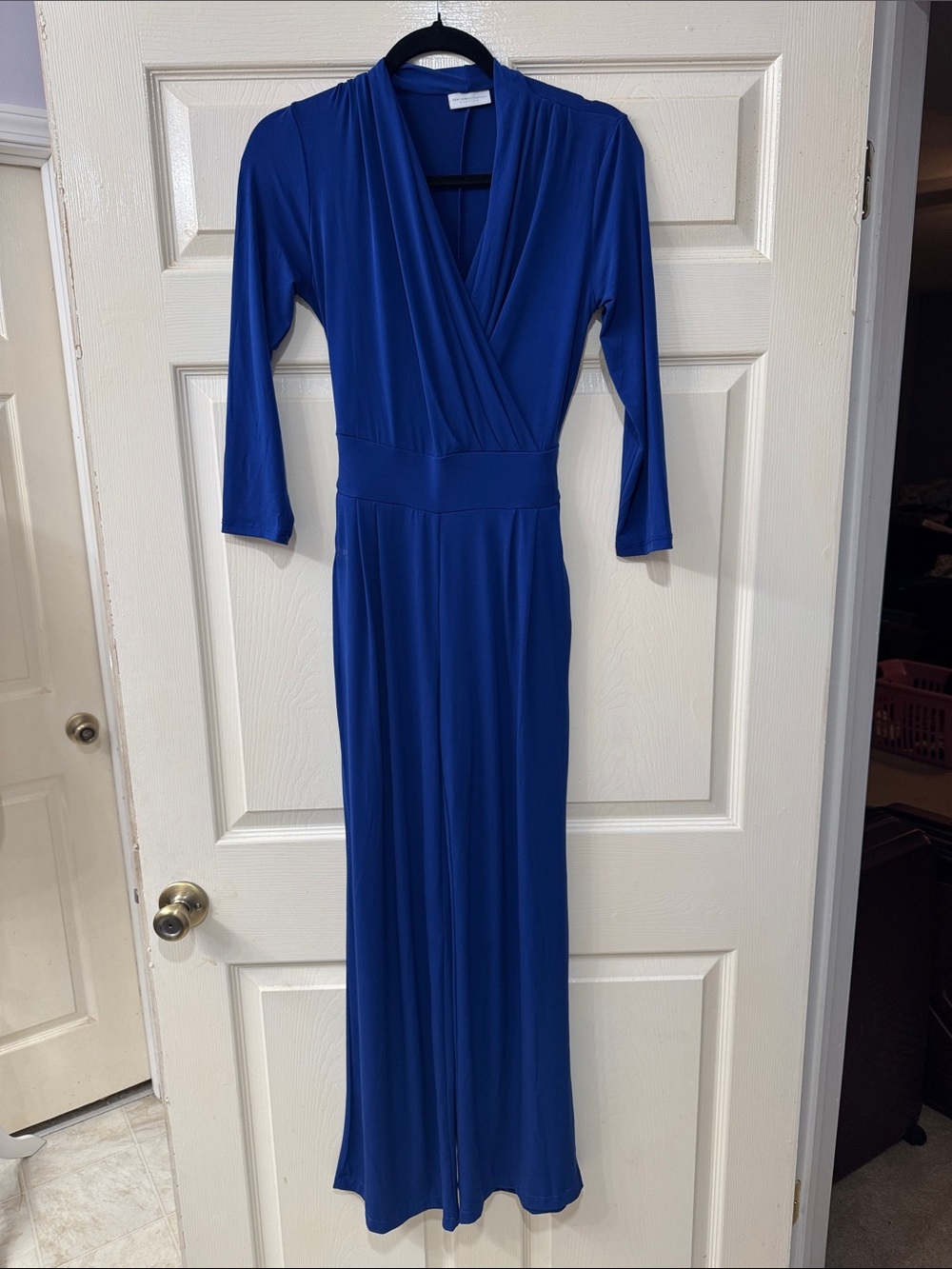 New York & Company Royal Blue Dressy Long Sleeve Jumpsuit Tie Back XS